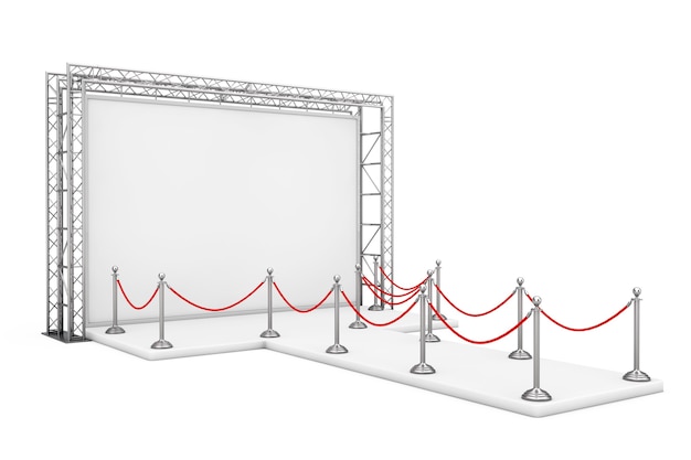 Photo barrier rope around blank advertising outdoor banner on metal truss construction system with empty podium on a white background. 3d rendering