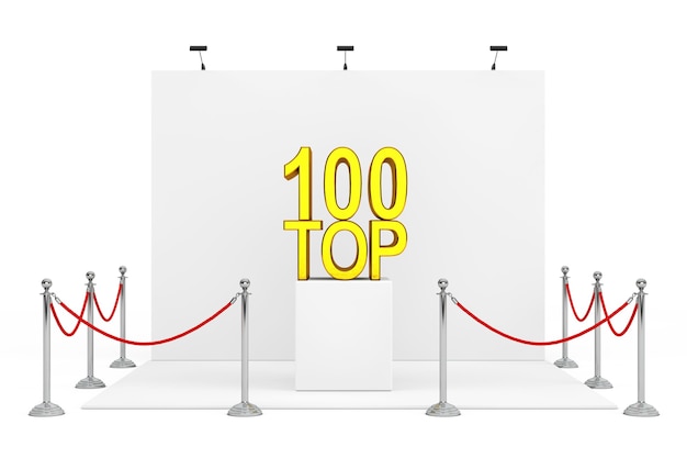 Barrière touw rond beursstand met gouden Top 100 teken over stand op een witte achtergrond. 3D-rendering.