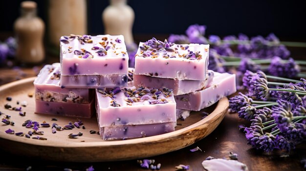 Photo bars of handmade soap with lavender flowers