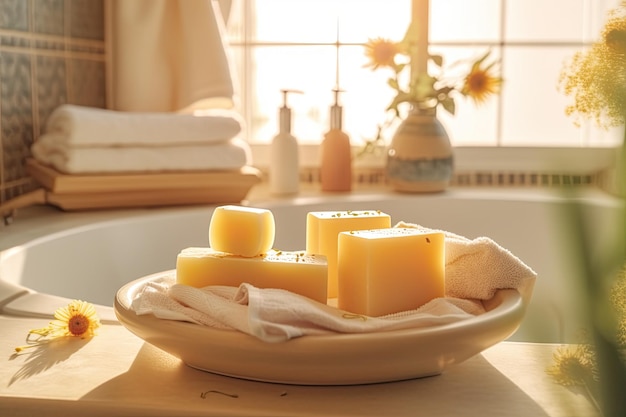 Кусочки натурального мыла, освещенные утренним солнцем. Концепция натурального мыла, созданная ИИ
