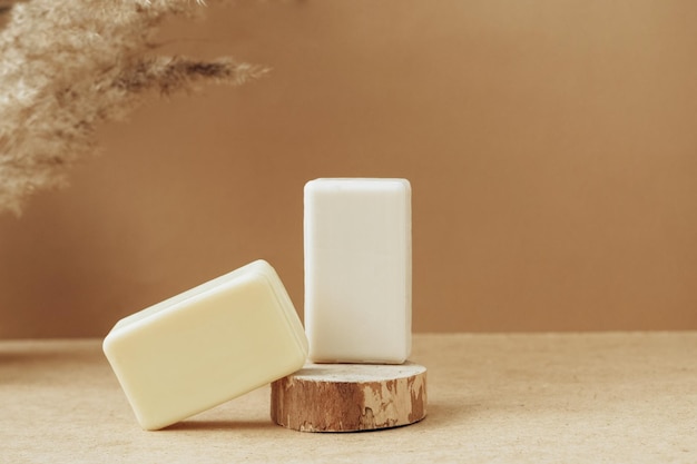 bars of soap made from natural raw materials beige background organic cosmetics spa health concept natural cosmetics