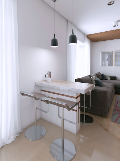 Barstandaard in studio-appartement met twee stoelen. 3D-rendering