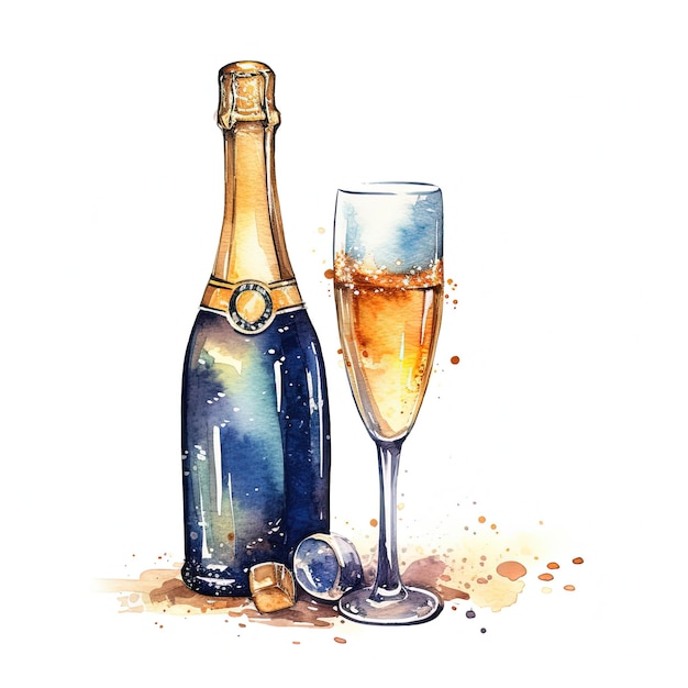 Barstende champagnefles aquarel Illustratie AI GenerativexA