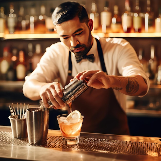 A bartender begins to expertly craft your chosen cocktail and carefully measure out each ingredient