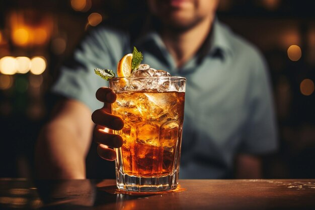 A bartender crafting a specialty iced tea cocktail at a bar