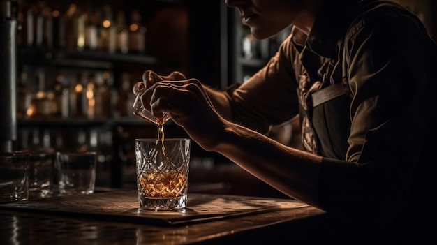 Bartender filling whiskey into glass