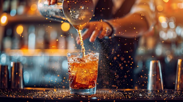 Bartender giet verse vloeistof in een drinkglas bij een bar die door AI is gegenereerd