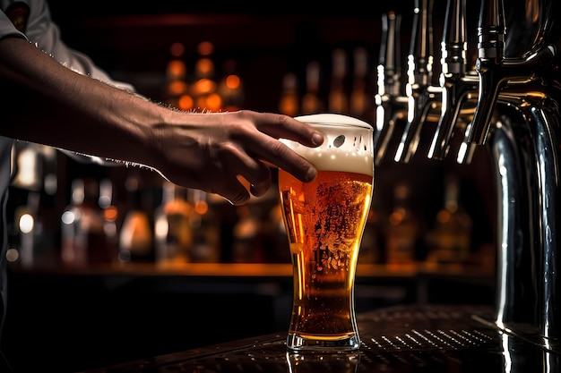 Bartender hand at beer tap pouring a draught beer