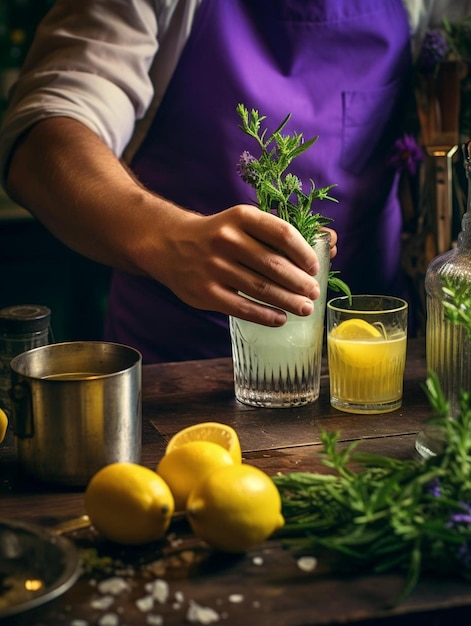 Foto bartender handen sap citroen met een reamer bartender experimenteren met het creëren van nieuwe cocktails