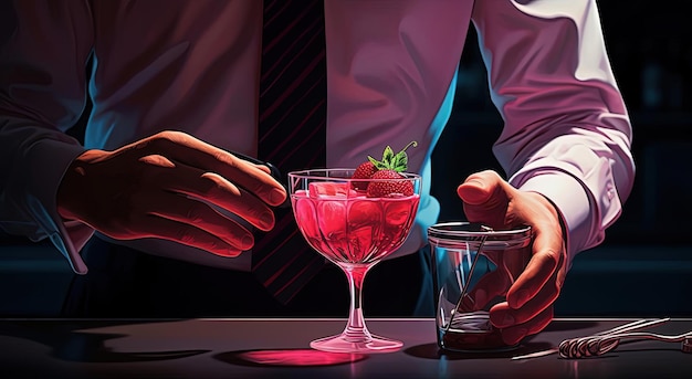 a bartender is holding a cocktail with strawberries in the style of dark pink