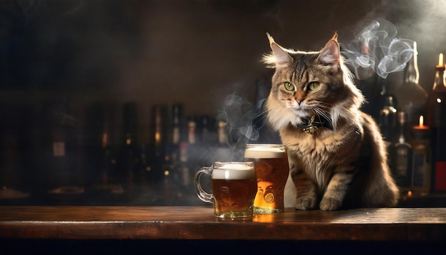 Bartender kat die bier en whisky serveert bij de toonbank van een bar
