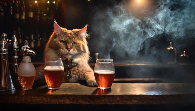 Foto bartender kat die bier en whisky serveert bij de toonbank van een bar