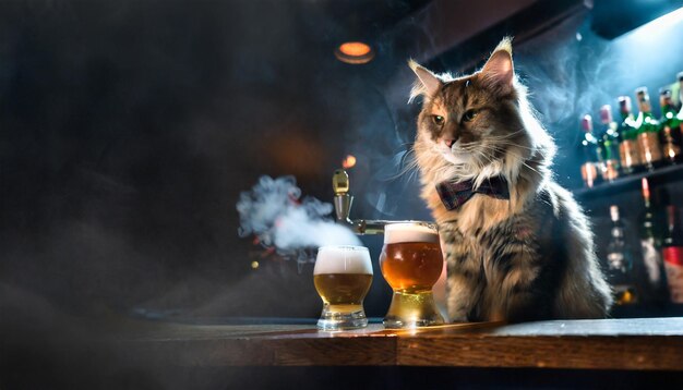 Foto bartender kat die bier en whisky serveert bij de toonbank van een bar