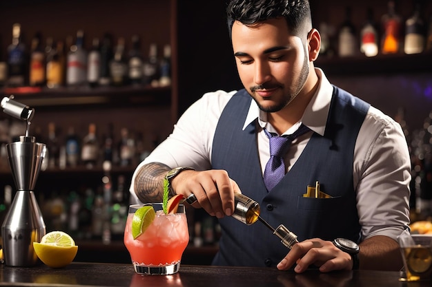 Photo bartender making an alcoholic cocktail a summer cocktail in the bar
