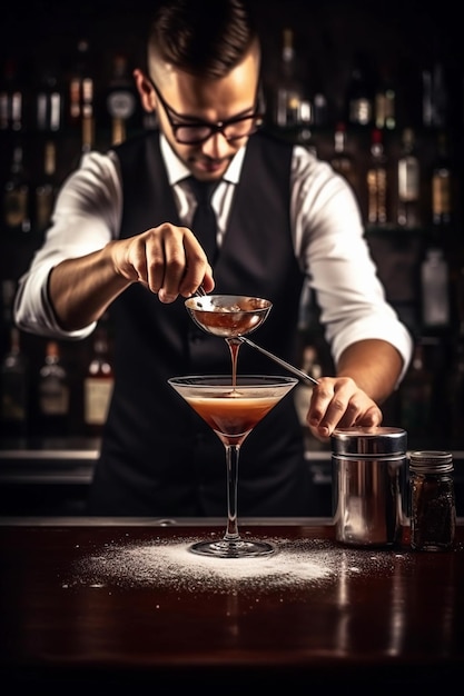 A bartender making a cocktail at the bar