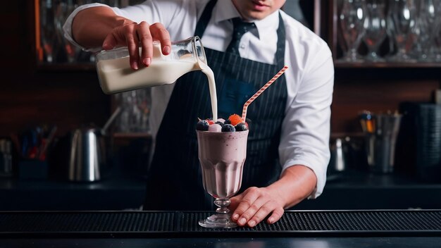 Photo bartender man pours milk from vintage bottle to glass with milky shake cocktail with frozen berries