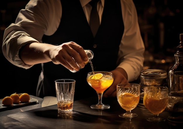 A bartender meticulously crafting a Sidecar cocktail capturing the precise pouring of Cognac