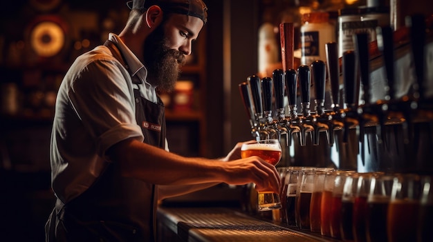 The bartender opens a beer from the tap