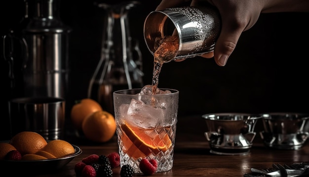 Bartender pouring fresh cocktail on table with ice and fruit generated by AI