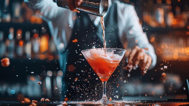 Bartender pouring fresh liquid into drinking glass at bar counter generated by AI