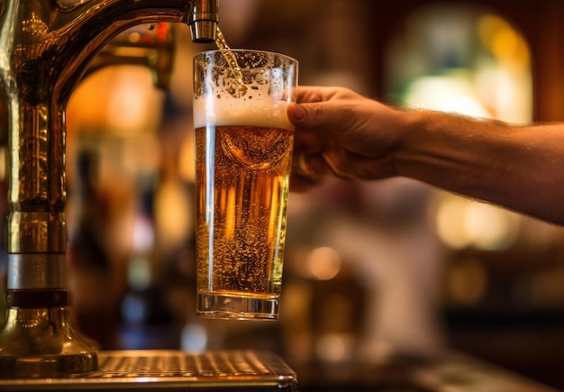 бармен наливает большое светлое пиво из-под крана во время Октоберфеста