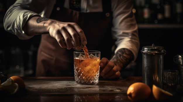 A bartender pours a drink into a glass.