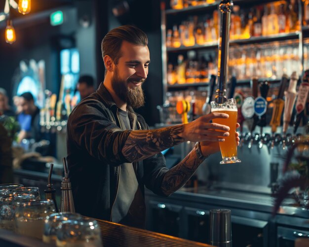 a bartender pours a glass of beer from a tap