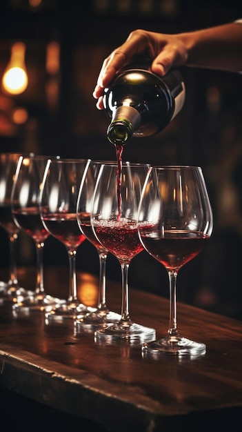バーテンダーが木製のバーカウンターのグラスに赤ワインを注ぐ