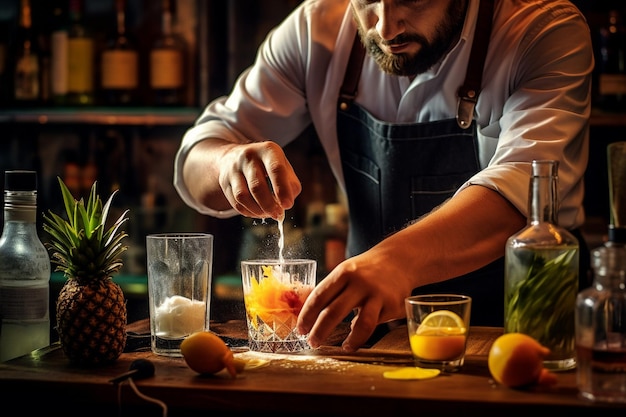 Photo a bartender preparing a cocktail using pineapple juice