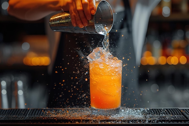 A bartender preparing a cocktail with orange and ice