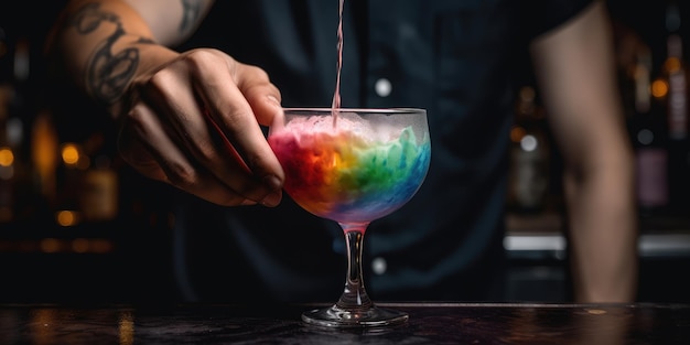 Bartender serving multiple colored drinks