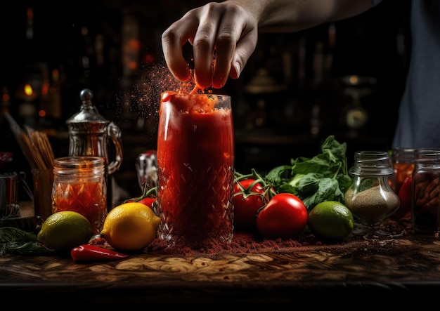 A bartender shaking a cocktail shaker filled with Bloody Mary ingredients