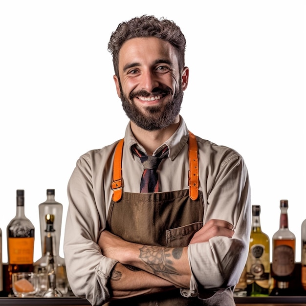 A bartender stands behind a bar with several bottles of alcohol behind him.