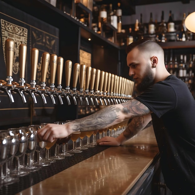 Photo bartender tapping beer