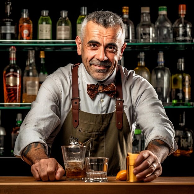 A bartender with a bow tie and brown bow tie behind a bar with alcohol behind him.