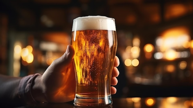 Бармен держит полный стакан пива в баре