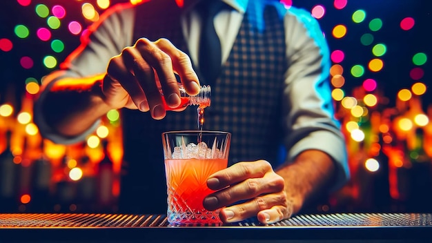 bartenders hands elegantly pour a vibrant drink into a glass set against the festive atmosphere
