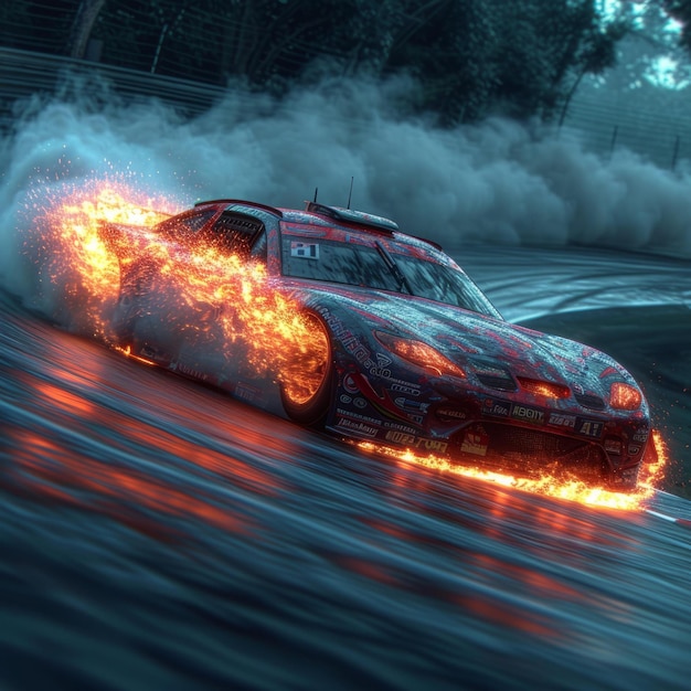 Photo bartistic rendering of a race car drifting on a wet track at night with sparks flying from the wheels