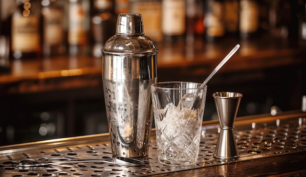 barware on the bar counter closeup shaker jigger glass