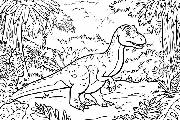 Photo baryonyx dinosaur black white linear doodles line art coloring page kids coloring book