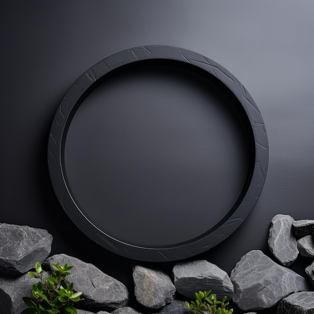 Basalt Stone Minimalistic Round Picture Frame Minimalistic Ring with Realistic Texture Square Digital Illustration Ai Generated Empty Circle on Black Background