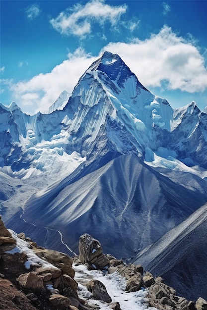 The base of mount everest from a rocky ground in the style of light sky AI generative