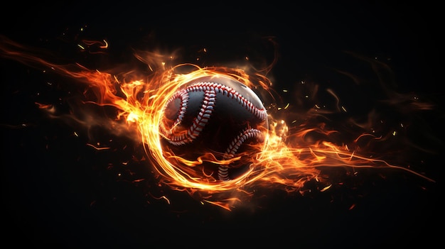 Baseball ball burns in flight on a dark background