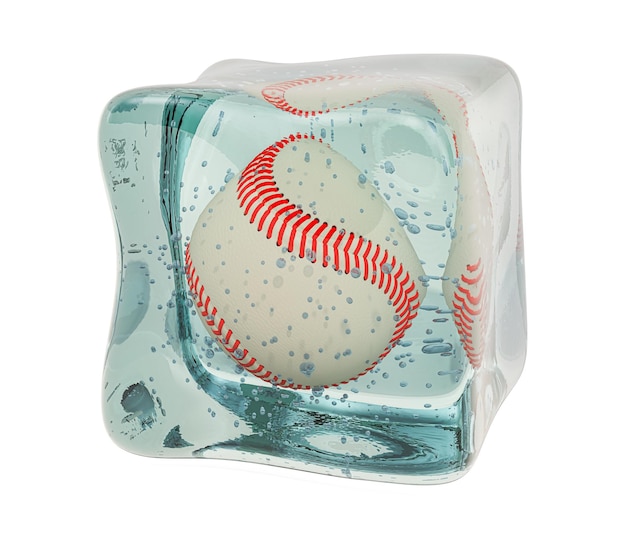 Photo baseball ball frozen in ice cube 3d rendering