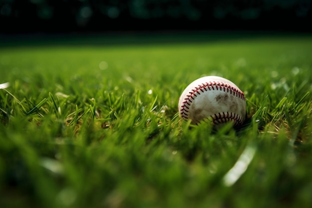 Baseball ball in a grass of baseball arena stadium