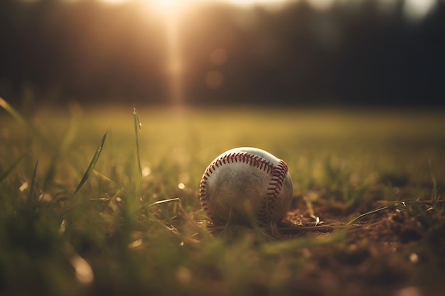 A baseball ball lies on the grass in the rays of the sun 1