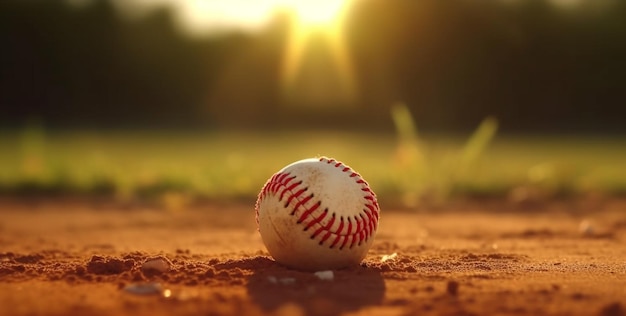 Baseball ball on pitchers mound Baseball field at sunset