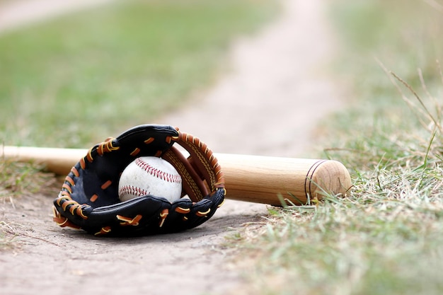 Palla da baseball con guanto e mazza sulla natura