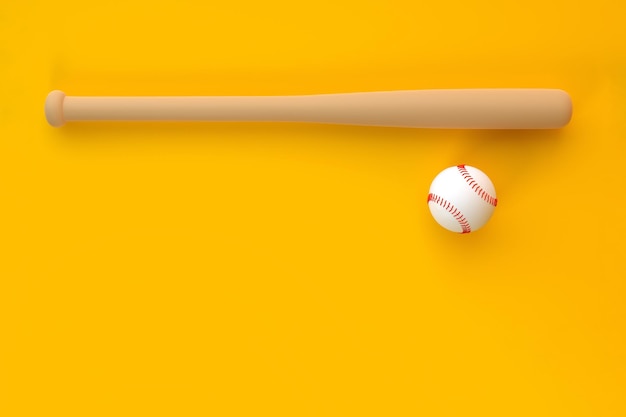 Бейсбольная бита и бейсбольный мяч изолированы на желтом фоне Минимальная творческая концепция 3D-рендер