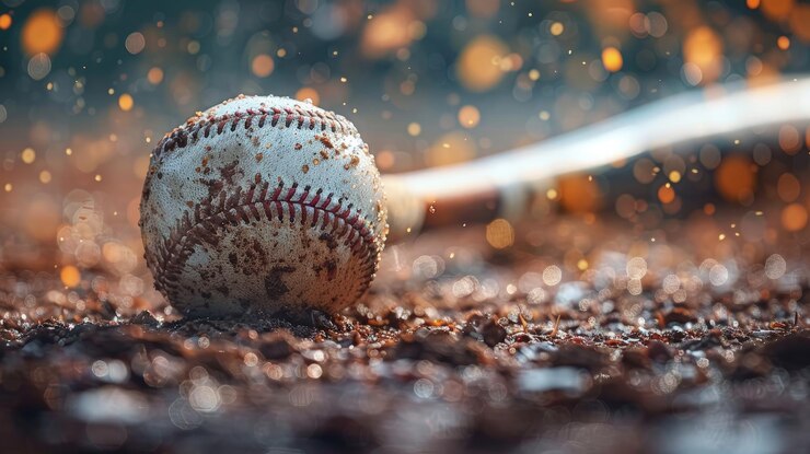 Baseball bat with a ball flying off in the distance power and skill